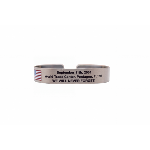 September 11 WTC, Pentagon, Flt 93 We Will Never Forget! w/color flag Stainless Steel 7"